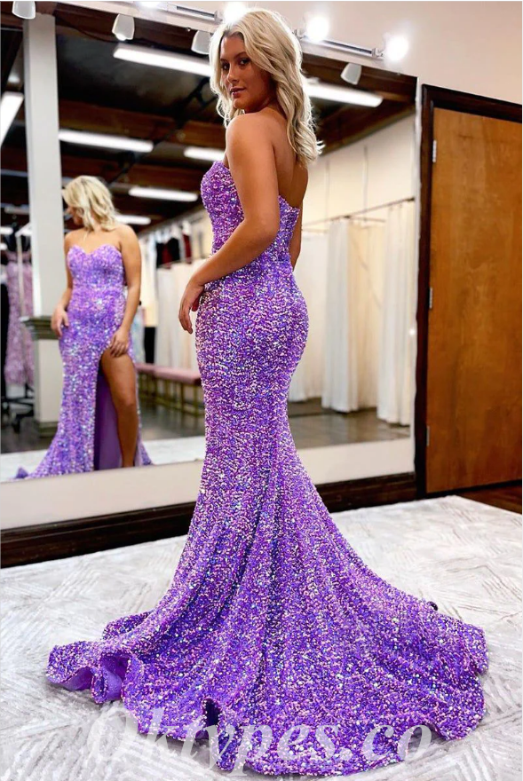 Sexy Purple Sequin Sweetheart V-Neck Sleeveless Side Slit Mermaid Long Prom Dresses,PDS0507