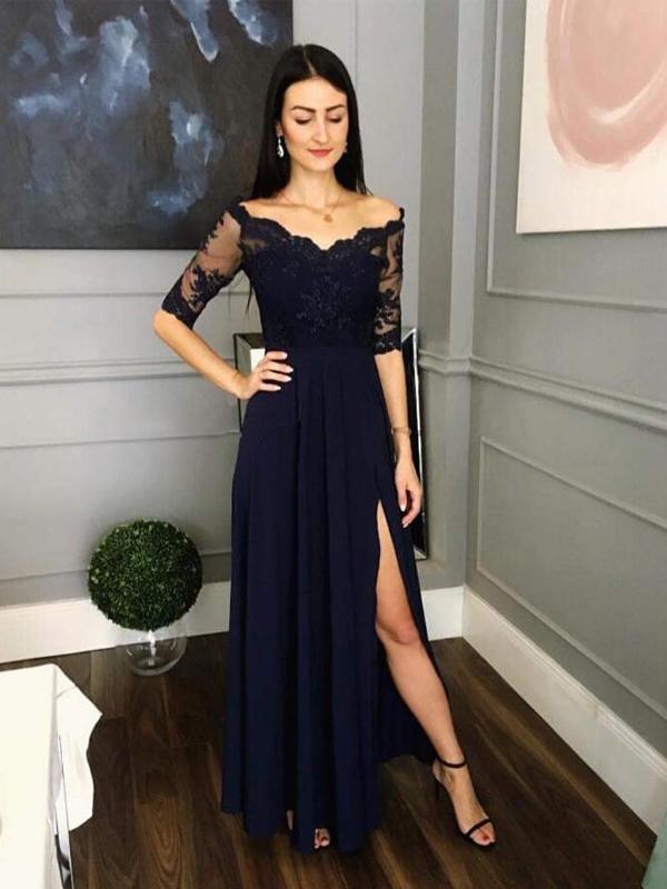 Navy Blue Half Sleeves Side Slit A Line Lace Prom Party Dresses, TYP14 Oktypes Navy Blue Half Sleeves Side Slit A Line Lace Prom Party Dresses, TYP14 Oktypes