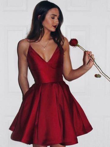 Simple Spaghetti Red Satin Short Prom Dresses, Homecoming Dresses, V-neck Prom Dresses, TYP0656