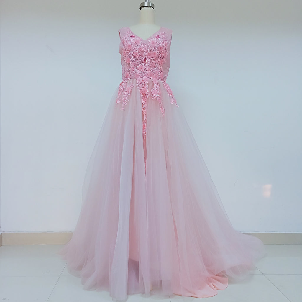 Pink Long Cheap Tulle Prom Dresses With Handmade Flower_US8, SO030