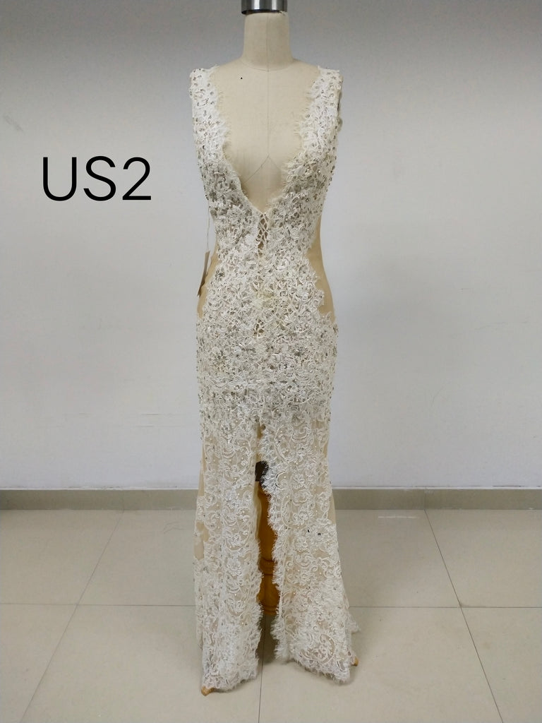Ivory Lace Long Prom Dresses With Beaded & Side Slit_US2, SO024