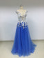 Blue Tulle Long Prom Dresses With Beaded & Handmade Flower_US4, SO018