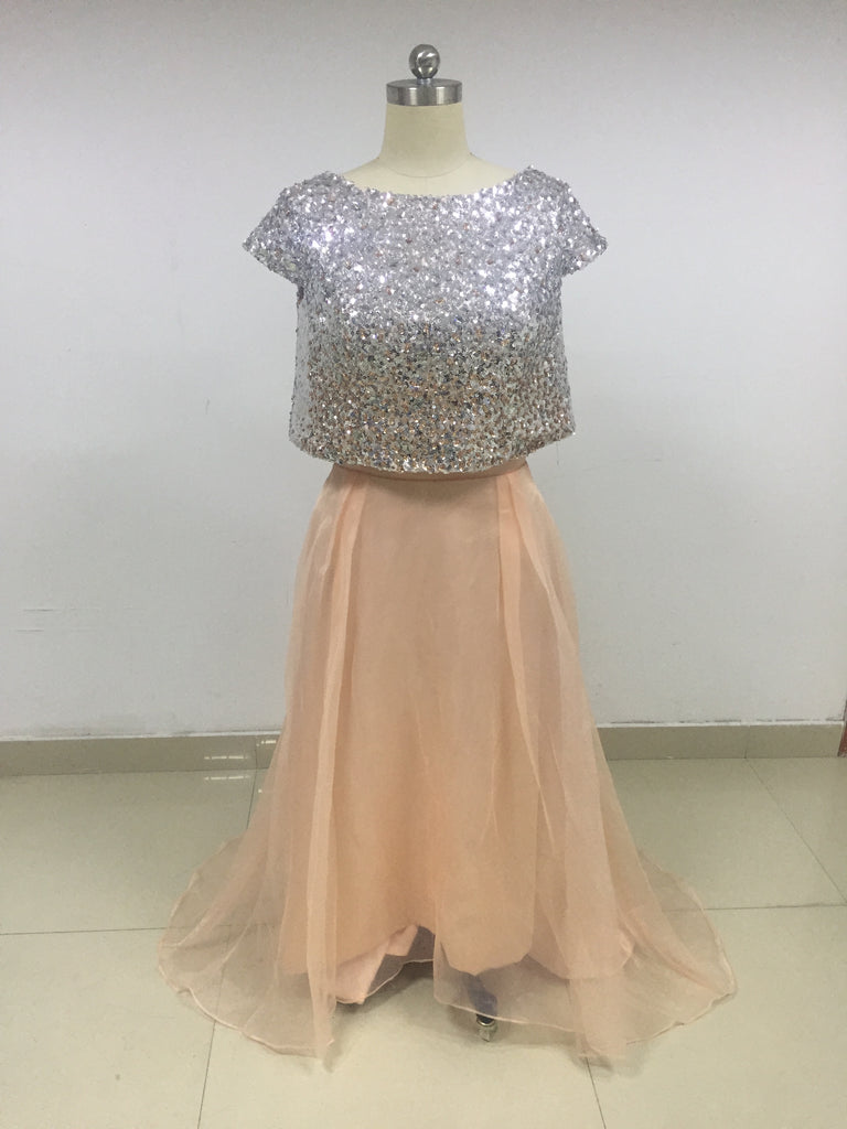Champagne Two Piece Sequin Top Tulle Skirt Bridesmaid Dresses_US12, SO011