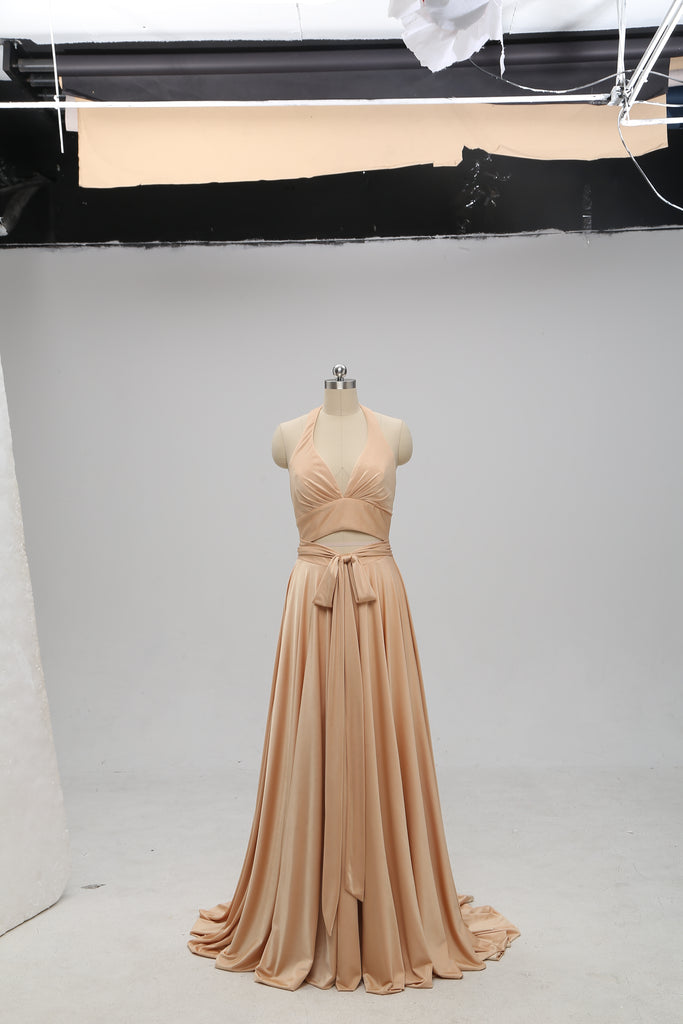 Sexy Gold Halter V-neck Backless Long Cheap Bridesmaid Dresses Online, TYP1074