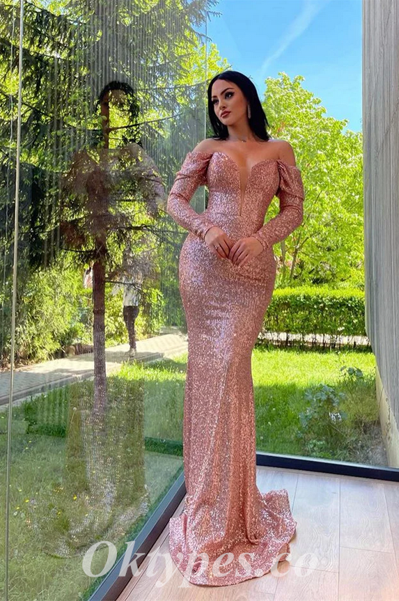 Sexy Shiny Sequin Off Shoulder V-Neck Long Sleeve Mermaid Long Prom Dresses,PDS0531