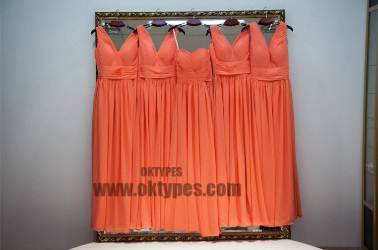 On Sale Ruffles Coral Bridesmaid Dresses Suitable Long V-Neck Sleeveless Zipper Dresses, TYP0460