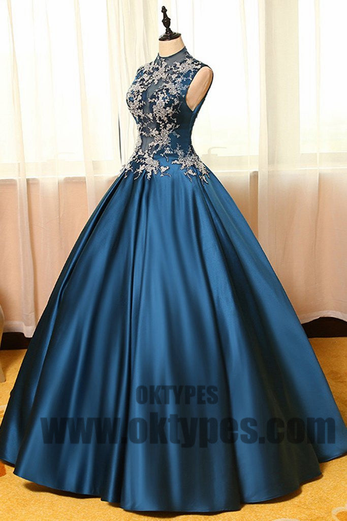 Ball Gown High Neck Floor-length Sleeveless Elastic Woven Satin Prom Dress/Evening Dress, TYP0435