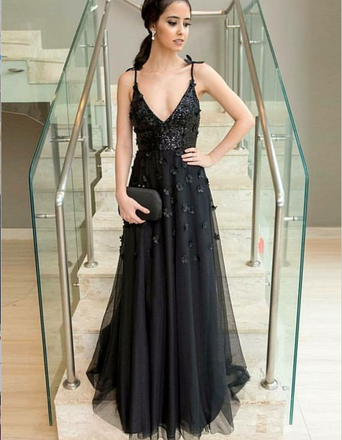 A-Line V-Neck Long Cheap Black Evening Prom Dresses with Appliques&Sequins, TYP1293