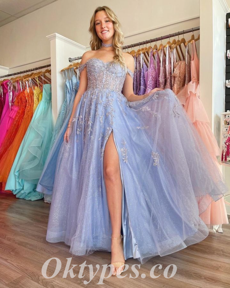 Sexy Tulle And Lace Off Shoulder Sleeveless Side Slit A-Line Long Prom Dresses,PDS0747