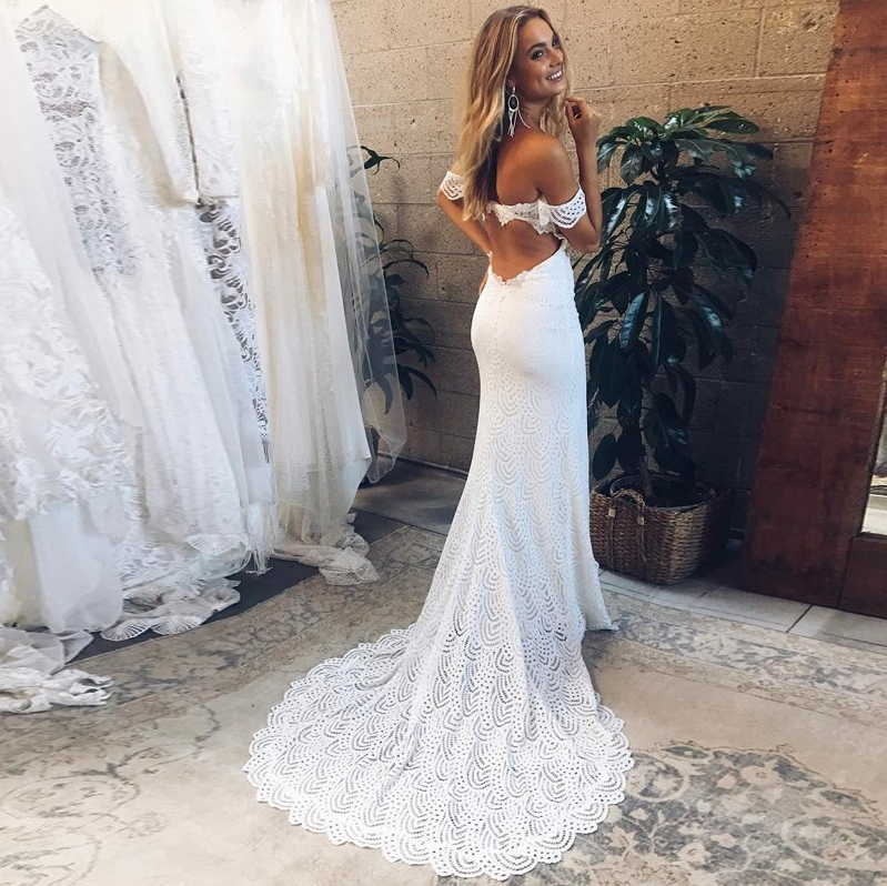 Mermaid Off-the-Shoulder Sweep Train White Lace Wedding Dresses with Split, TYP1180