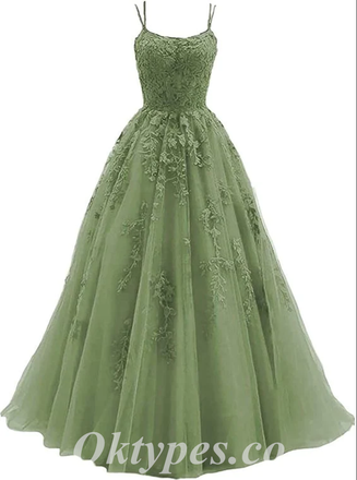 Elegant Tulle And Lace Spaghetti Straps Sleeveless A-Line Long Prom Dresses/Ball Gown With Applique,PDS0642