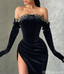 Black High-split Velvet Off-the-shoulder Mermaid Prom Dress With Emblishment,PDS0318