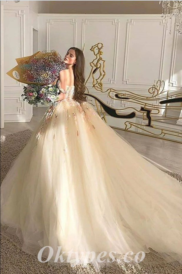 Gorgeous Tulle Off Shoulder V-Neck Sleeveless A-Line Long Prom Dresses/Ball Gown With Applique,PDS0639