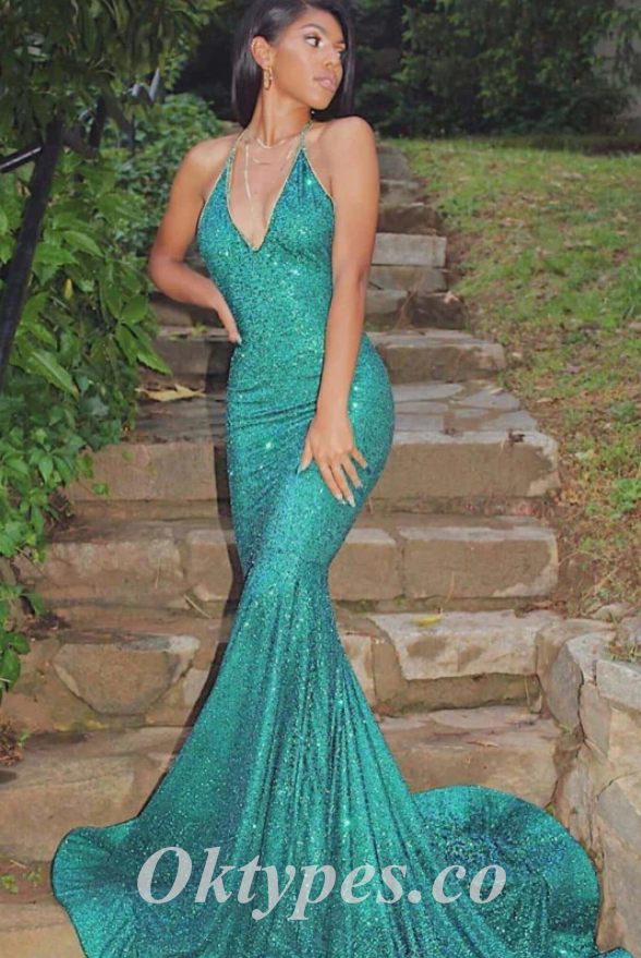 Sexy Charming Sequin Halter V-Neck Mermaid Long Prom Dresses,PDS0559