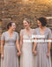 A-Line V-Neck Short Sleeves Grey Tulle Bridesmaid Dress with Sequins, TYP0911
