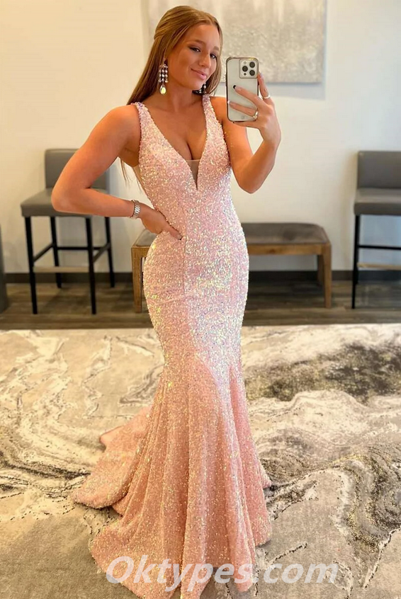 Shiny Sequin V-Neck Mermaid Long Prom Dresses/Graduation Evening Dresses,PDS0399
