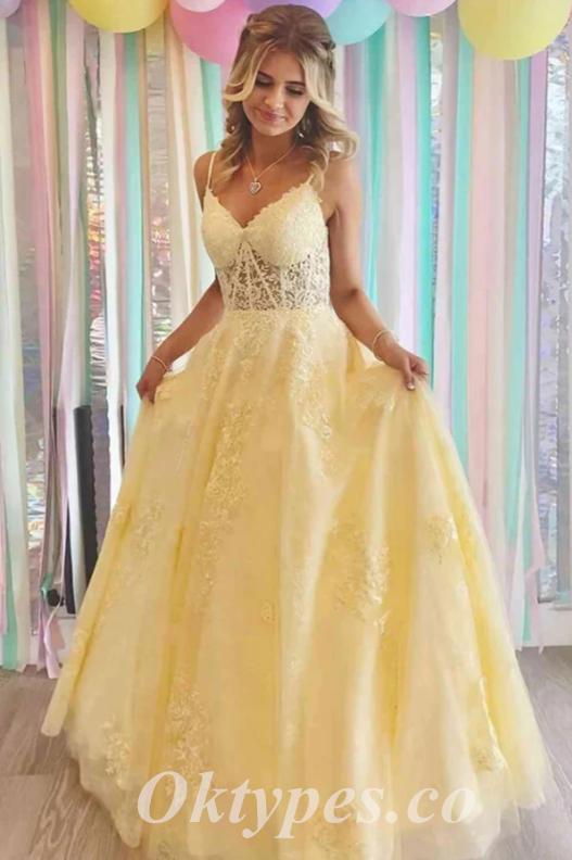 Elegant Yellow Lace And Tulle Spaghetti Straps V-Neck Lace Up Back A-Line Long Prom Dresses,PDS0593