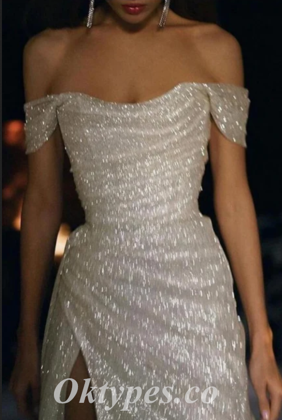 Shiny Ivory Off Shoulder Side Slit Mermaid Long Prom Dresses/Evening Dresses,PDS0477