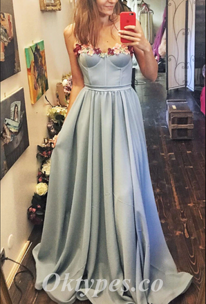 Girlish Satin Sweetheart Sleeveless A-Line Long Prom Dresses With Applique,PDS0627