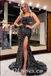 Sexy Black Sequin Spaghetti Straps Square Sleeveless Lace Up Back Mermaid Long Prom Dresses With Side Slit,PDS0610