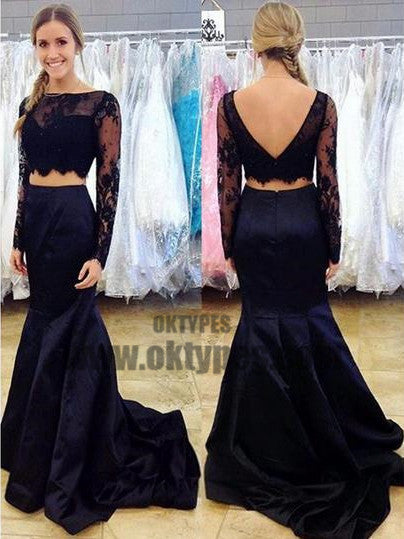Navy Blue Two Piece Prom Dress, Long Sleeve Lace Prom Dresses, Mermaid Crop Top Prom Dress, TYP0050