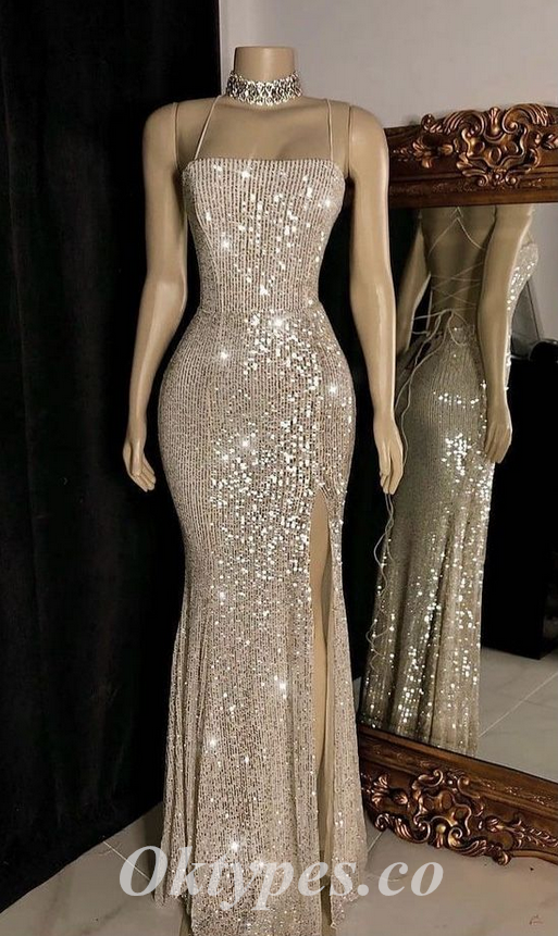 Sexy Sequin Spaghetti Straps Sleeveless Lace Up Back Side Slit Mermaid Long Prom Dresses,PDS0645