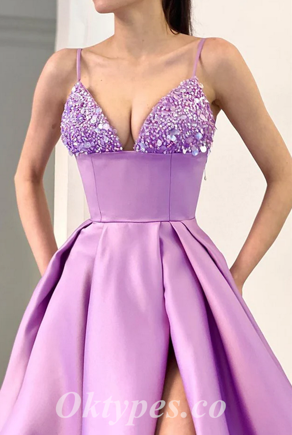 Sexy Sequin And Satin Spaghetti Straps V-Neck Side Slit A-Line Long Prom Dresses/Evening Dresses ,PDS0475