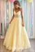 Elegant Yellow Lace And Tulle Spaghetti Straps V-Neck Lace Up Back A-Line Long Prom Dresses,PDS0593