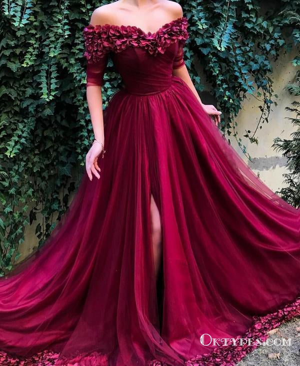 Burgundy Off the shoulder Half Sleeves A Line Tulle Long Prom Dresses, TYP1443