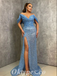 Sexy Blue Sequin Off Shoulder V-Neck Side Slit Mermaid Long Prom Dresses,PDS0701