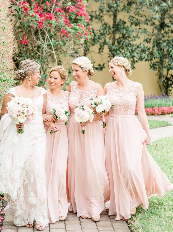 Blush Pink Long Bridesmaid Dresses Lace Bodice Blushing Wedding Party Dresses, TYP1210