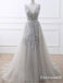 Deep V Neck Gray Tulle Long Cheap Prom Dresses With Appliques, TYP1817