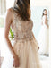 Light Champagne V-neck Long Cheap Tulle Prom Dresses With Beaded, TYP1633