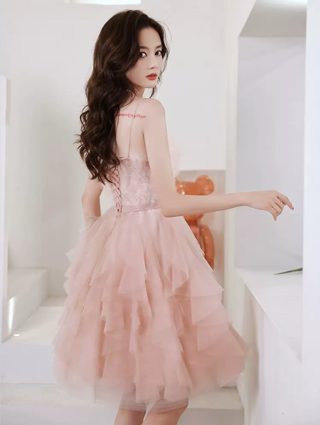 Elegant Charming Feather Tulle Appliqued Short Homecoming Dresses, HDS0075