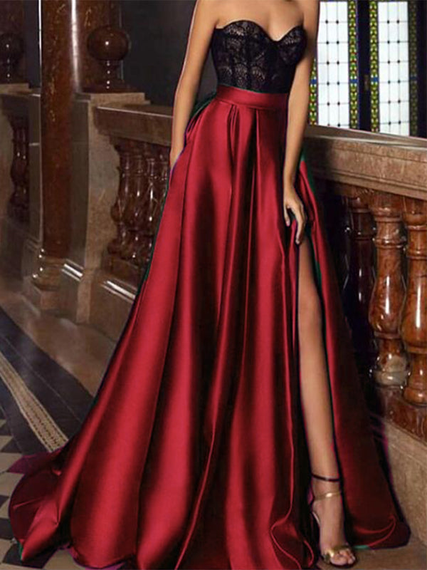 Black Lace Red Satin Strapless Side Slit A-line Prom Dresses,PDS0310 Oktypes Black Lace Red Satin Strapless Side Slit A-line Prom Dresses,PDS0310 Oktypes