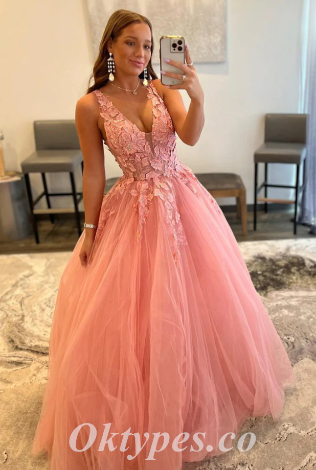 Elegant Tulle Spaghetti Straps V-Neck Sleeveless A-Line Long Prom Dresses With Applique And Beading,PDS0661