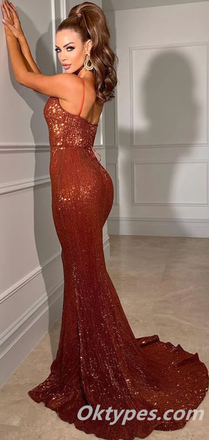 Sexy Sequin Spaghetti Straps V-Neck Side Slit Mermaid Long Prom Dresses ,PDS0369