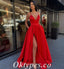 Sexy Red Satin Spaghetti Straps V-Neck Sleeveless Side Slit A-Line Long Prom Dresses, PDS0956
