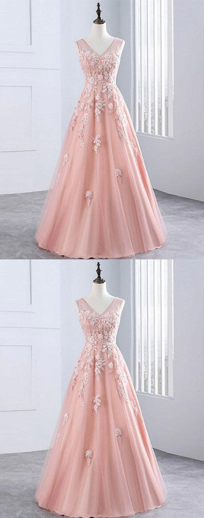 Pink Applique Long Prom Dresses V-Neck A-Line Evening Dresses, Ball Gown Prom Dresses, TYP0423