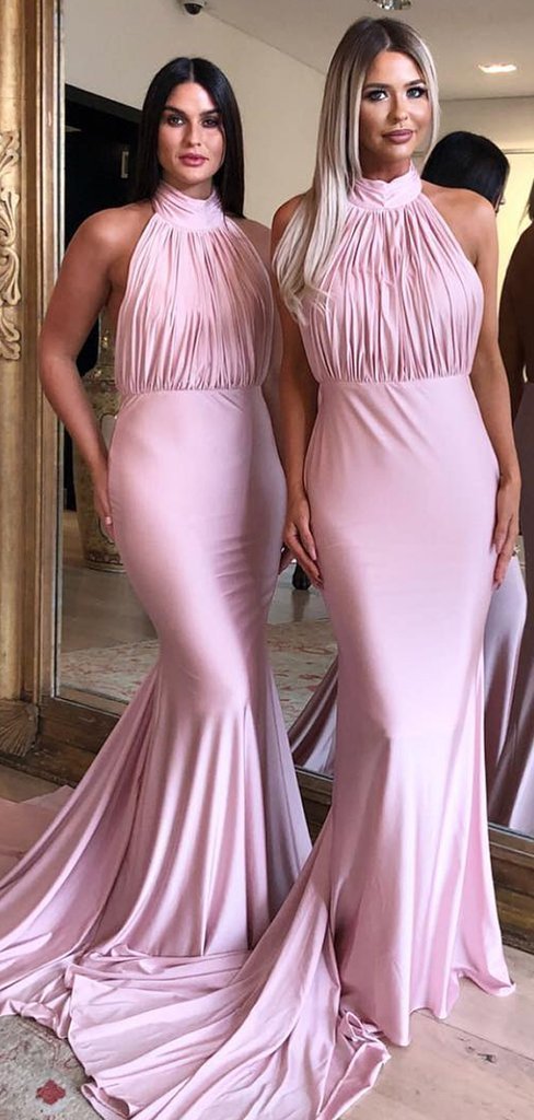 Halter Pink Long Mermaid Backless Cheap Bridesmaid Dresses, TYP1855