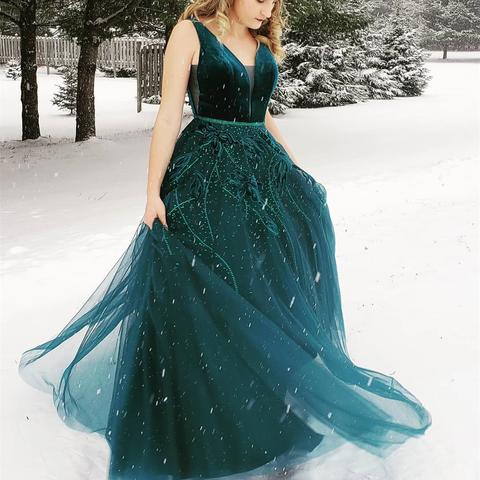 Charming Princess V Neck Dark Green Long Prom Dresses With Applique, T Oktypes Charming Princess V Neck Dark Green Long Prom Dresses With Applique, T Oktypes