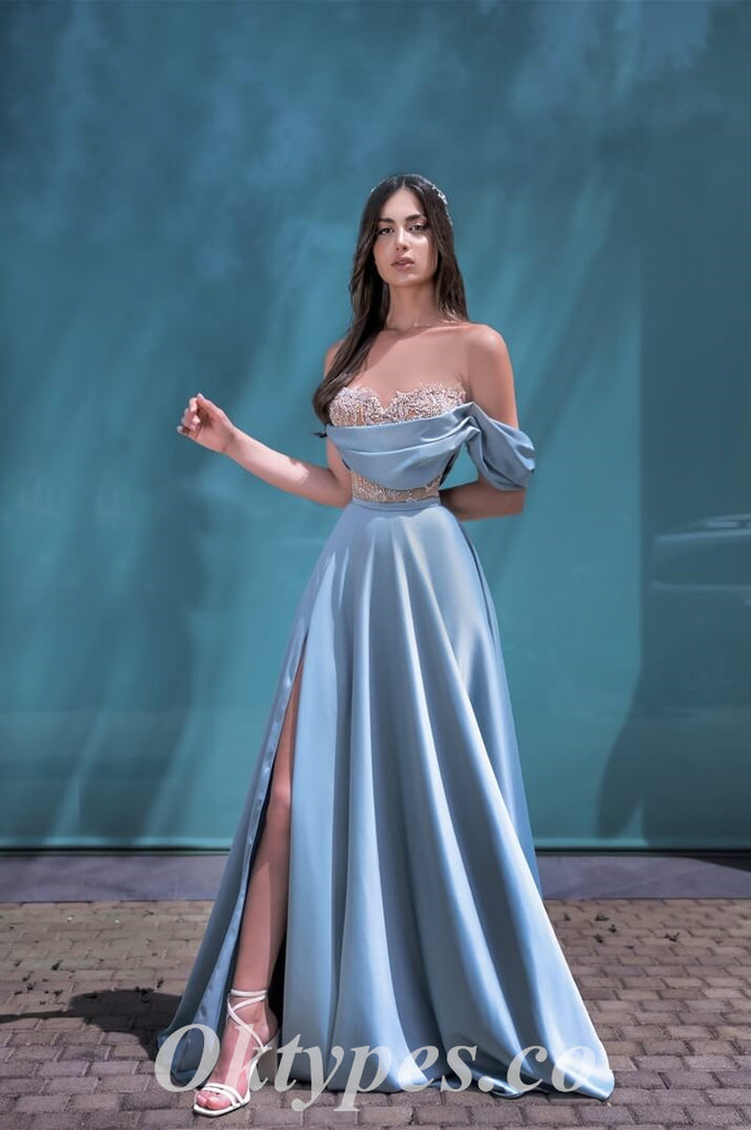 Elegant Satin Off Shoulder V-Neck Sleeveless Side Slit A-Line Long Prom Dresses,PDS0697