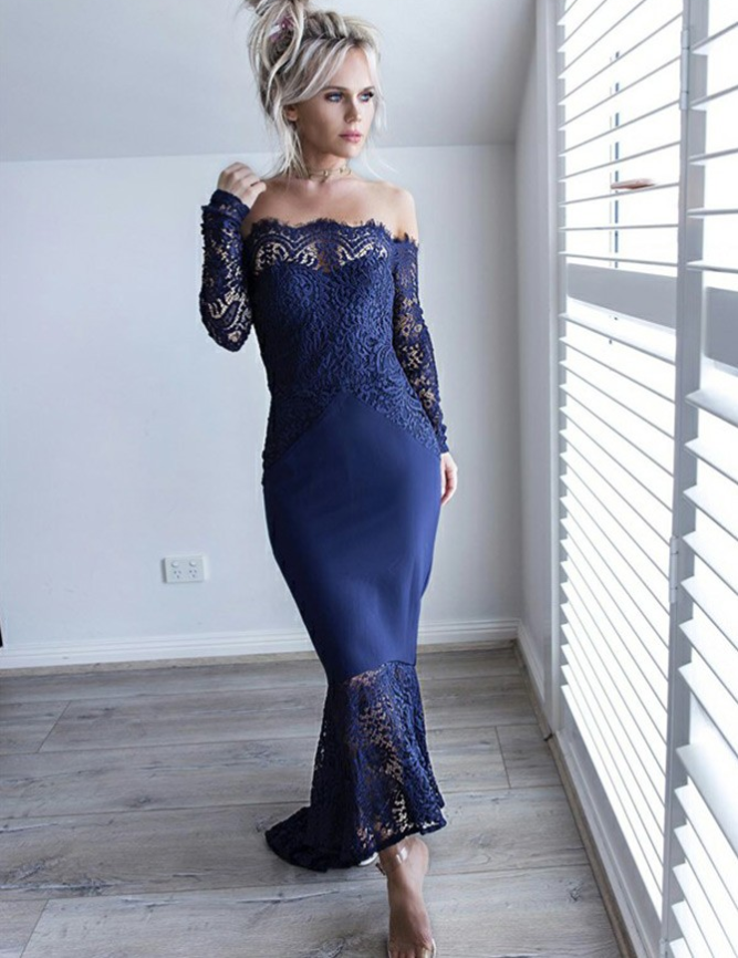 Mermaid Off-the-Shoulder Long Sleeve Navy Blue Lace Bridesmaid Dresses, TYP1311