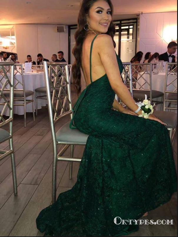 Green Lace Backless Long Cheap Mermaid Popular Prom Dresses, TYP1787 – Oktypes