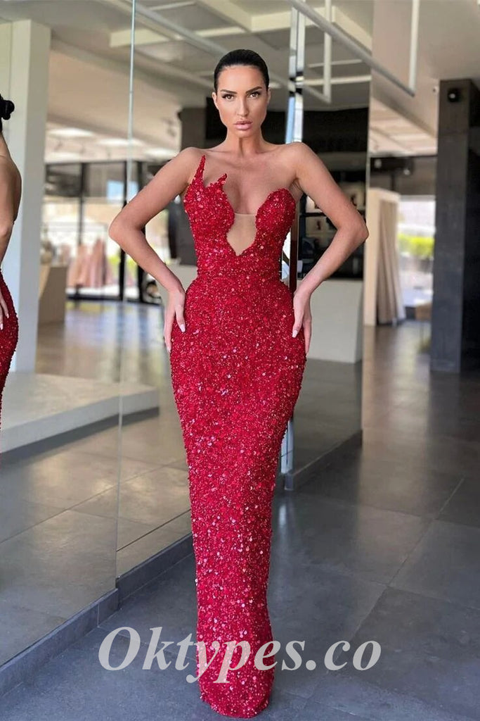Sexy Red Sequin Sweetheart V-Neck Sleeveless Sheath Long Prom Dresses,PDS0755