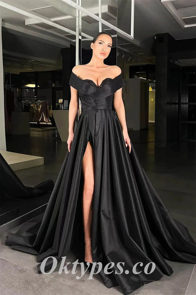Sexy Black Satin And Sequin Off Shoulder V-Neck Side Slit A-line Long Prom Dresses,PDS0766
