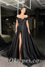 Sexy Satin And Sequin Off Shoulder V-Neck Side Slit A-Line Long Prom Dresses, PDS0907