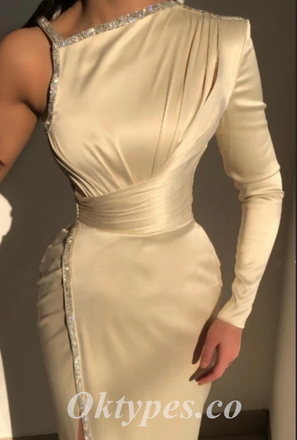 Sexy Satin One Shoulder Long Sleeve Side Slit Mermaid Long Prom Dresses,PDS0685