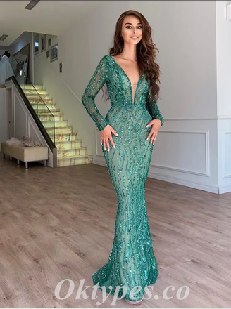 Sexy Special Fabric Long Sleeves Deep V-Neck Sheath Long Prom Dresses,PDS0588