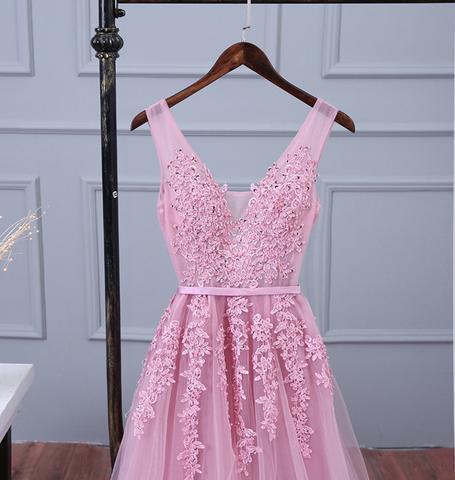 V Neckline Pink Lace Evening Prom Dresses, Popular Lace Party Prom Dresses, PDS0094